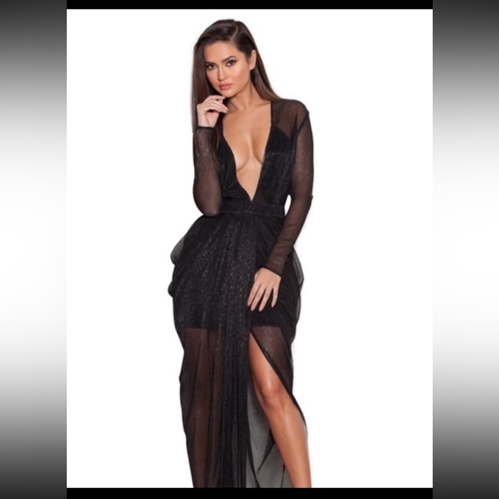 House of CB Blanca Sheer Shimmer Maxi Black Dress